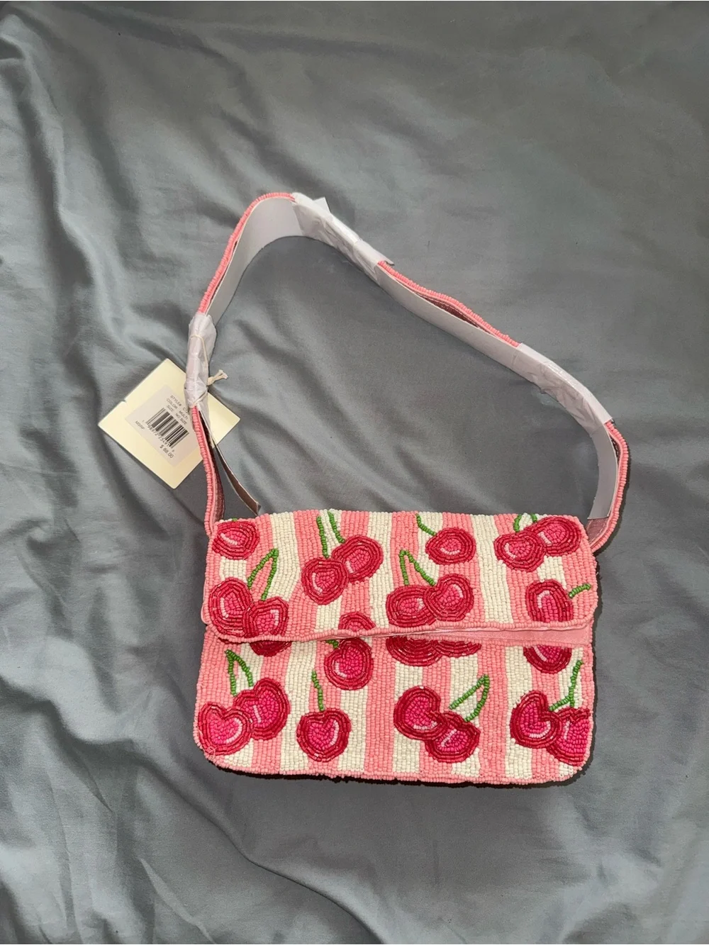 Beaded Cherry Striped Shoulder Bag Handmade in India New with Tags